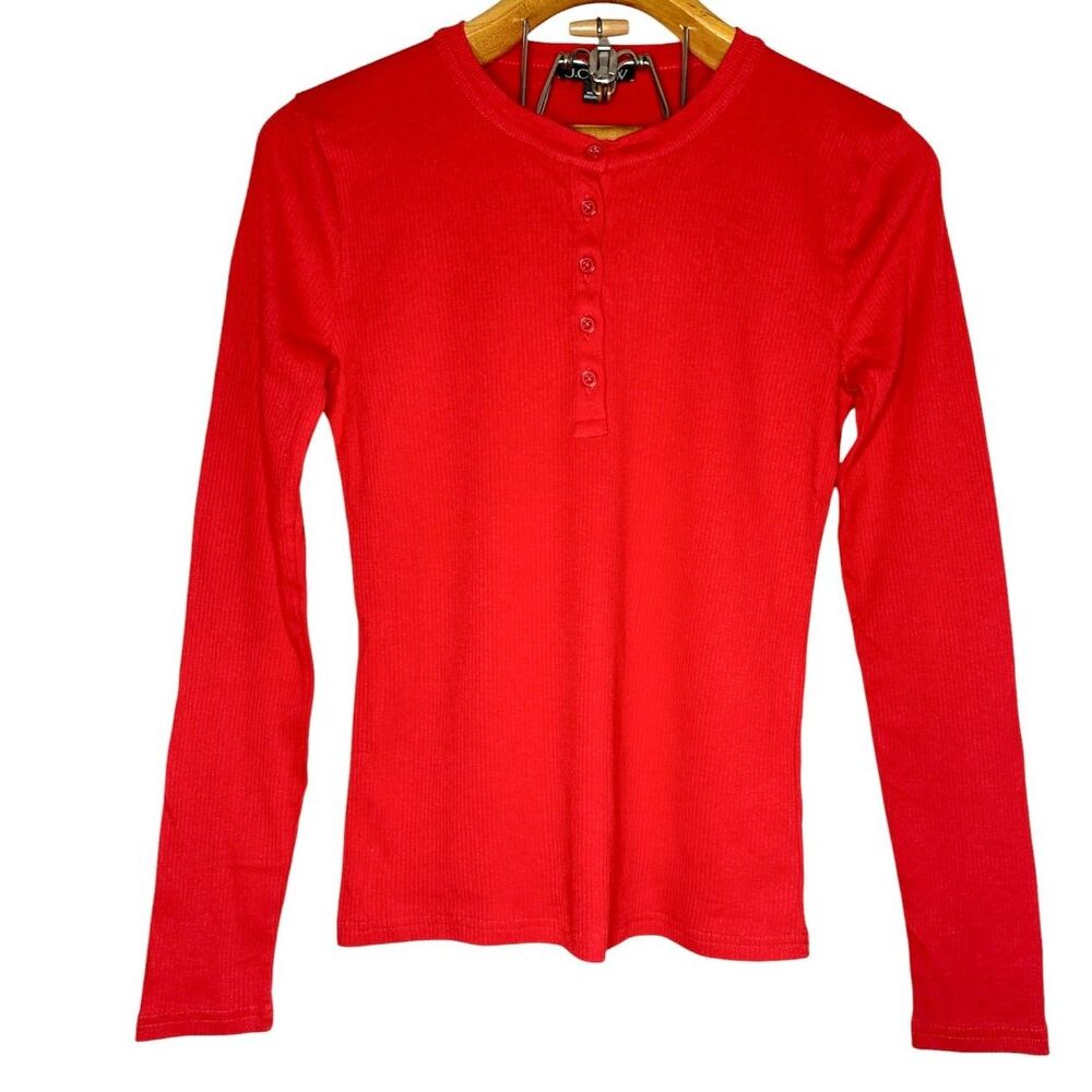 J.Crew Red Long Sleeve Ribbed Henley Top Size: S
